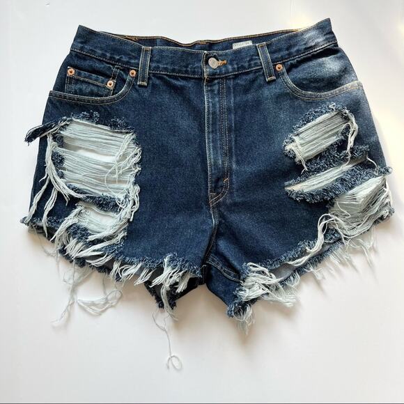 Vintage Levi’s Jean Shorts 30" Custom Distressed High Rise Blue Denim Dark Wash - Picture 4 of 13